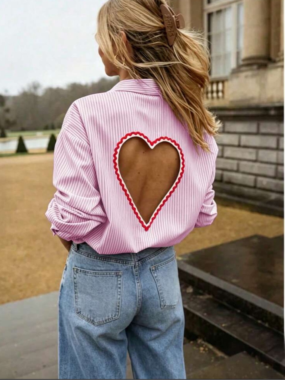 Women's Striped Long Sleeve Backless Hollow Out Embroidered Heart Blouse